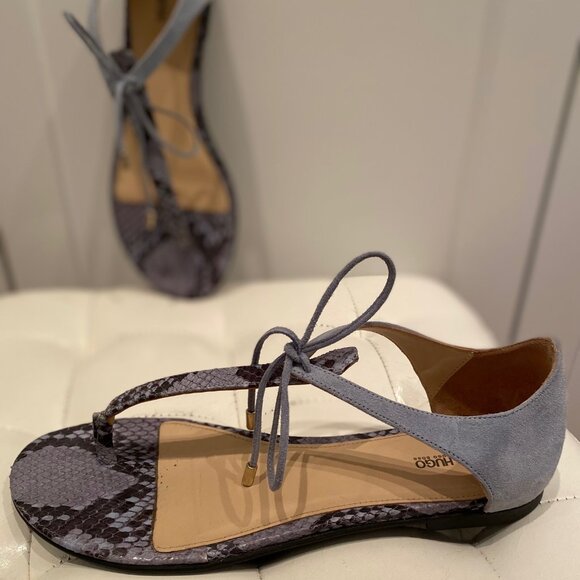 Hugo Boss blue suede & snake skin flat sandals & suede tie-up laces. Size 37.5 - Picture 2 of 9